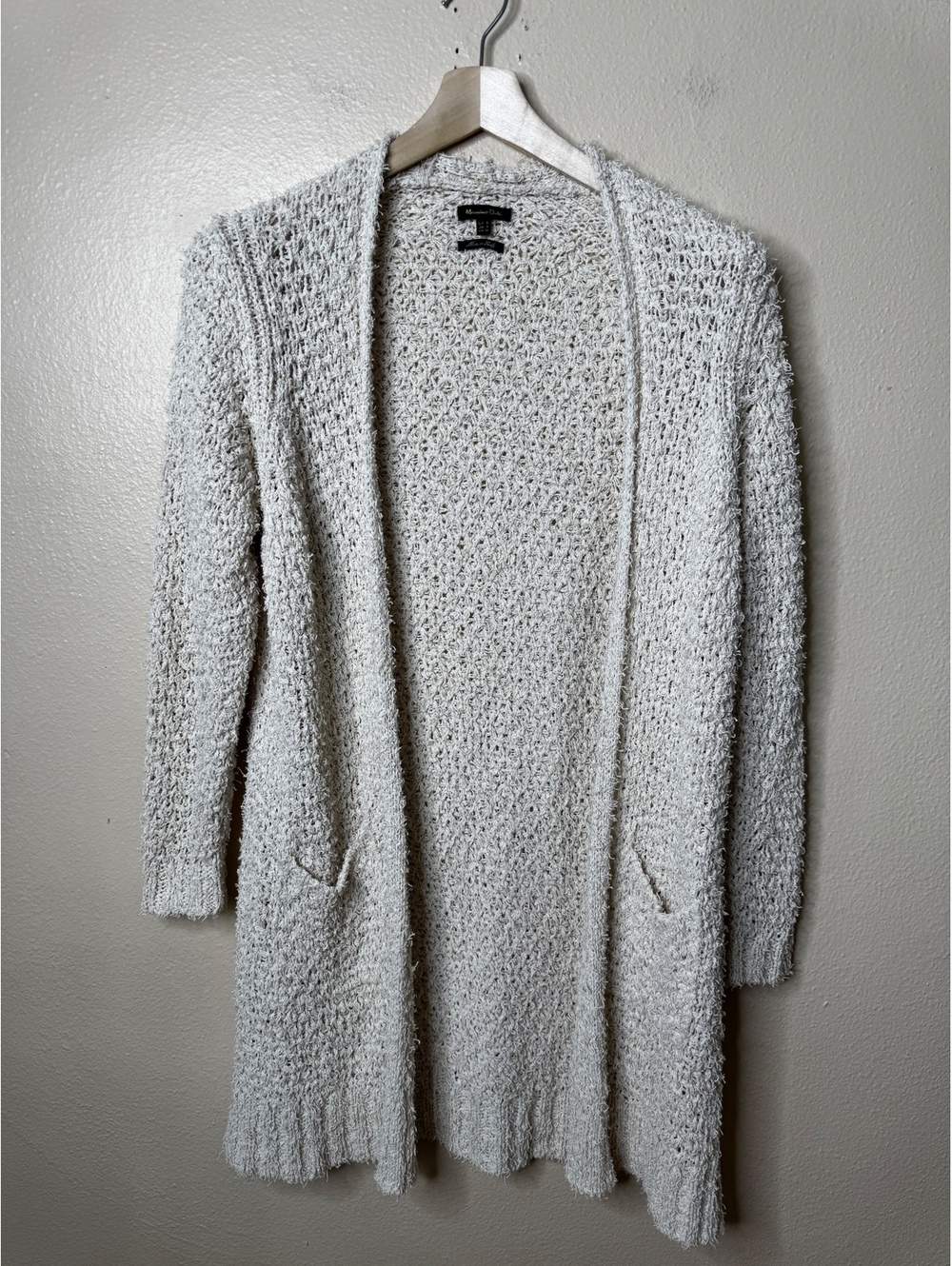 Massimo Dutti Womens S Long Open Front Cardigan Ivory Textured Knit Italy